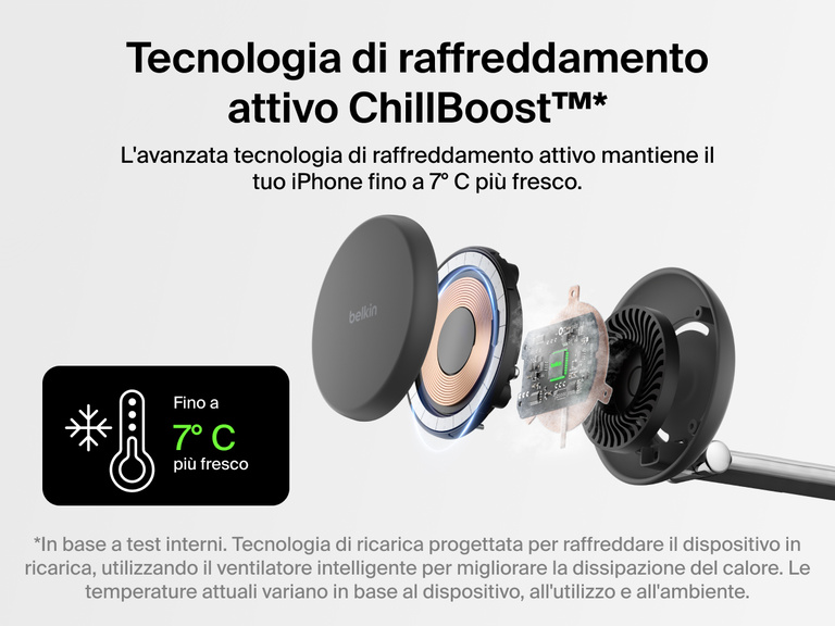 Il dock di ricarica magnetica 3 in 1 con Qi2 da 25 W Belkin UltraCharge Pro sfrutta la tecnologia di raffreddamento attivo ChillBoost™ per mantenere il telefono fino a 7 gradi Celsius più fresco durante la ricarica wireless rapida.