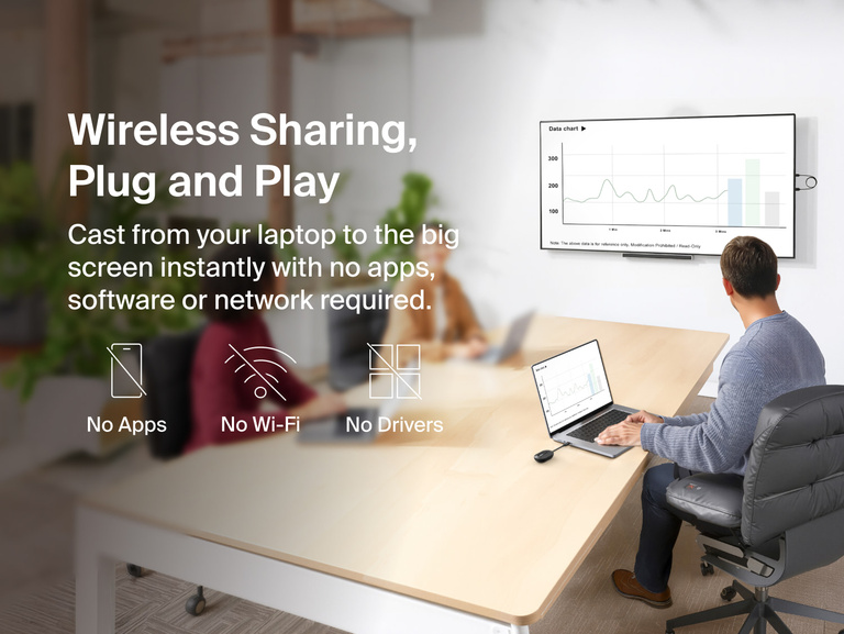 Belkin ConnectAir Wireless HDMI Display Adapter shown enabling instant plug-and-play casting from laptops to a wall display with no apps, Wi-Fi, or drivers required.