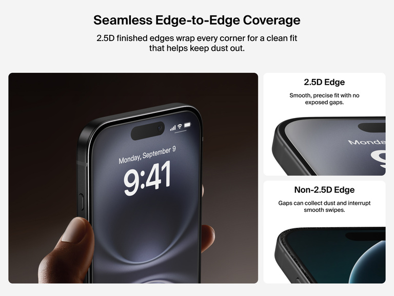 Belkin ScreenForce InvisiGlass Screen Protector with seamless 2.5D edge-to-edge coverage for a smooth, dust-free fit.