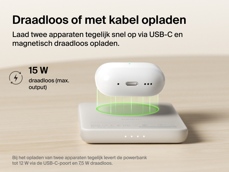 Belkin BoostCharge Slim Magnetic Power Bank 5K with Qi2 providing up to 15W magnetic wireless charging for compatible devices in a slim, portable power bank design.