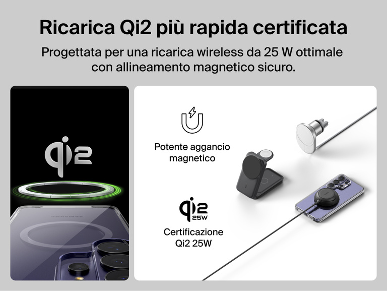 Belkin SheerForce Clear Series Case for Samsung Galaxy S26 shown supporting Qi2-certified 25W wireless charging with secure magnetic alignment for fast, efficient, and reliable charging.