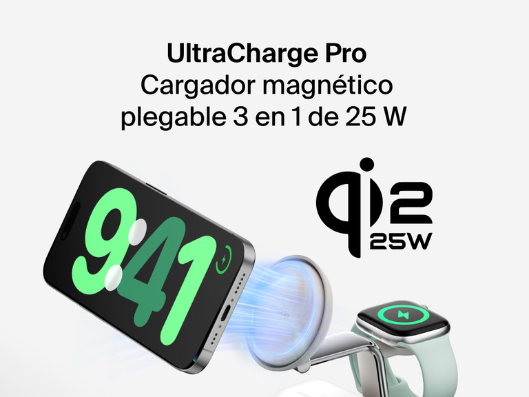La estación magnética de carga 3 en 1 con Qi2 25W Belkin UltraCharge Pro carga de forma inalámbrica y simultánea un iPhone, un Apple Watch y unos AirPods. Además, es compatible con la función de carga rápida.