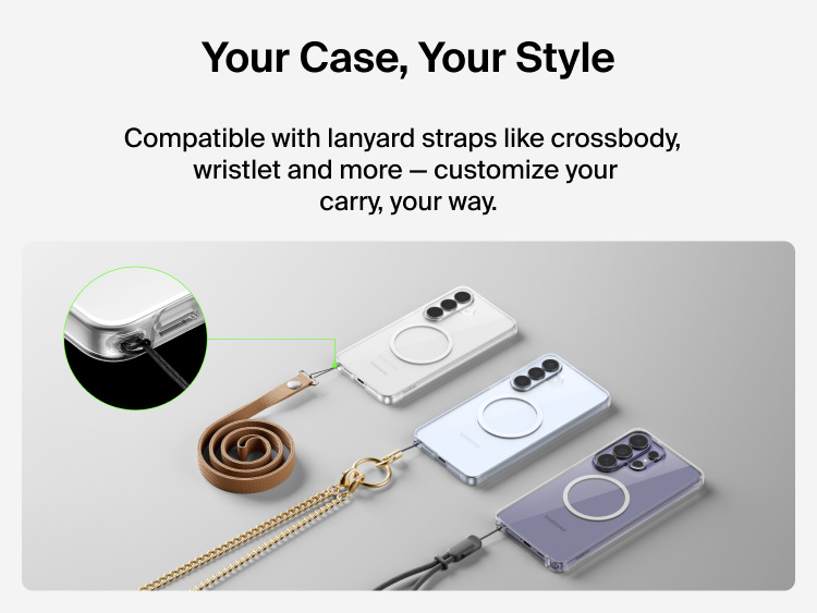 Belkin SheerForce Clear Series Case for Samsung Galaxy S26 shown with lanyard attachment point, compatible with crossbody and wristlet straps for customizable, hands-free phone carry.