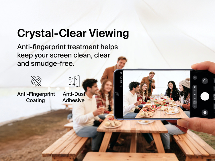 Belkin ScreenForce Titan EcoGuard Anti-Reflective Screen Protector for Samsung Galaxy S26 shown delivering crystal-clear viewing with anti-fingerprint coating and anti-dust adhesive to keep the display clean and smudge-free.