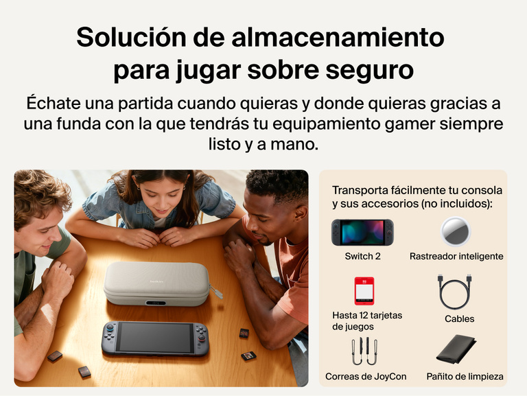 Belkin Gaming Charging Case Pro for Nintendo Switch 2 shown storing the console, game cards, cables, and accessories for organized, game-ready portability.