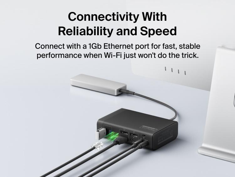 Universal 14-Port Dual Display USB-C Dock enabling fast and stable wired network connection via ethernet port