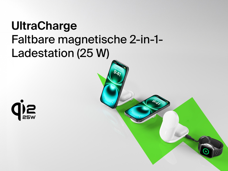 Belkin UltraCharge faltbare magnetische 2-in-1-Ladestation mit Qi2 25W wird beim Laden folgender Geräte auf einem stylischen, kompakten Ständer gezeigt: iPhone, AirPods und Apple Watch.