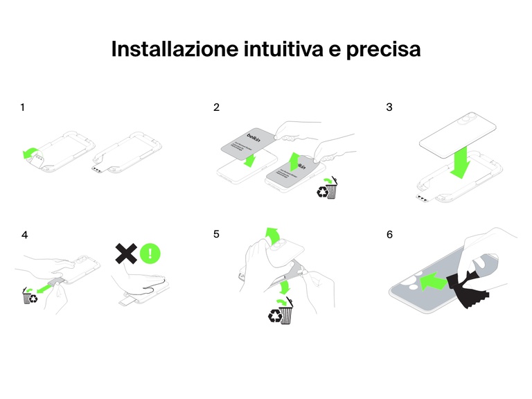 Illustrazione passo per passo del processo di applicazione, preciso e intuitivo, del proteggi schermo ScreenForce InvisiGlass di Belkin, utilizzando un supporto di applicazione e gli strumenti di rimozione.