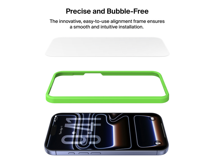 Belkin ScreenForce TemperedGlass Screen Protector with precise, bubble-free installation using an easy-to-use alignment tray for flawless iPhone protection.