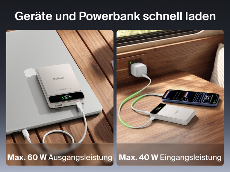 Belkin UltraCharge Pro Powerbank 10K mit BoostSolid-Zelle liefert bis zu 60 W Ausgangsleistung zum Laden eines Laptops und unterst&uuml;tzt eine Eingangsleistung von bis zu 40 W f&uuml;r schnelles Wiederaufladen.