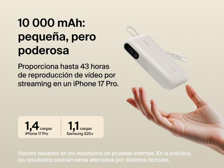 Belkin UltraCharge 10K power bank with integrated USB-C cable and digital display, delivering up to 45W fast charging and extended battery life for smartphones