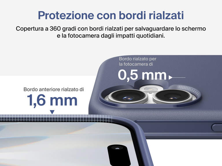 Immagine della custodia Belkin SheerForce Protect Series per iPhone 17 con design dei bordi rialzati e protezione dalle cadute di grado militare (fino a 4 metri).