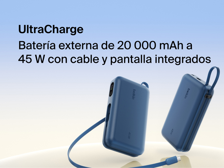 Belkin UltraCharge 20K 45W power bank with integrated USB-C cable and digital display showing portable high-capacity fast charging solution
