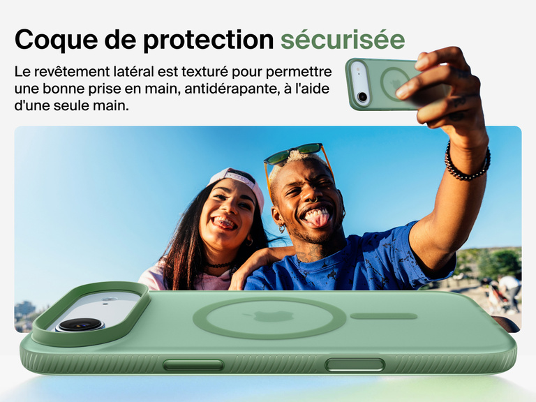 Belkin SheerForce Grip Series Case for iPhone 17 with military-grade drop protection and textured non-slip grip.