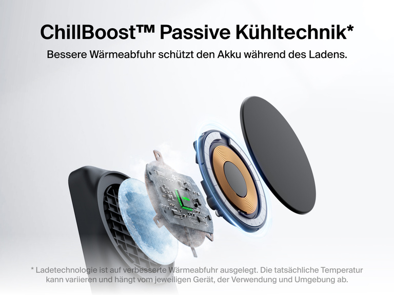 Die Belkin UltraCharge faltbare magnetische 2-in-1-Ladestation mit Qi2 25W zeichnet sich durch die passive Kühltechnik ChillBoost™ aus, die für eine verbesserte Wärmeabfuhr sorgt und den Akku während des Ladens schont.