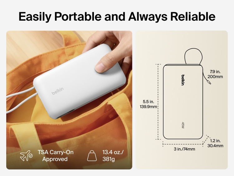 Belkin UltraCharge 20K 45W power bank with integrated cable designed for portable, TSA-approved travel with compact size and reliable on-the-go charging
