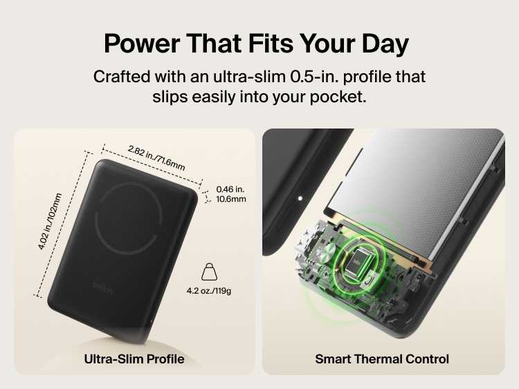 Belkin BoostCharge Slim Magnetic Power Bank 5K with Qi2 highlighting an ultra-slim, lightweight design with smart thermal control for safe, pocket-friendly portable charging.