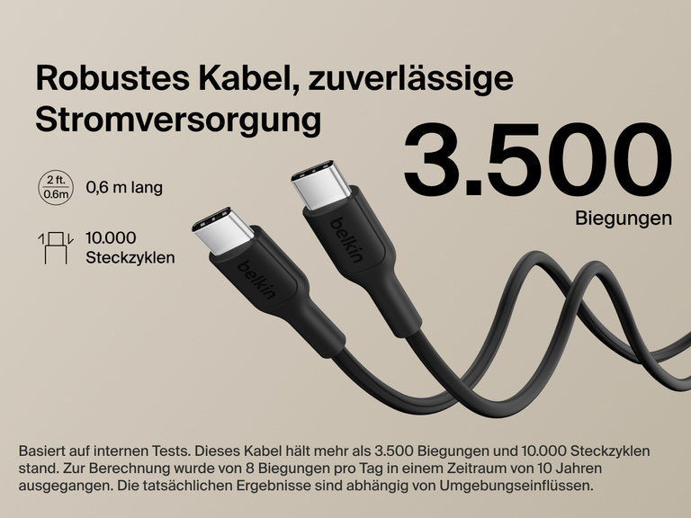 Belkin BoostCharge Slim Magnetic Power Bank 5K shown with durable USB-C to USB-C cable designed for 3,500+ bends and reliable long-lasting charging performance.
