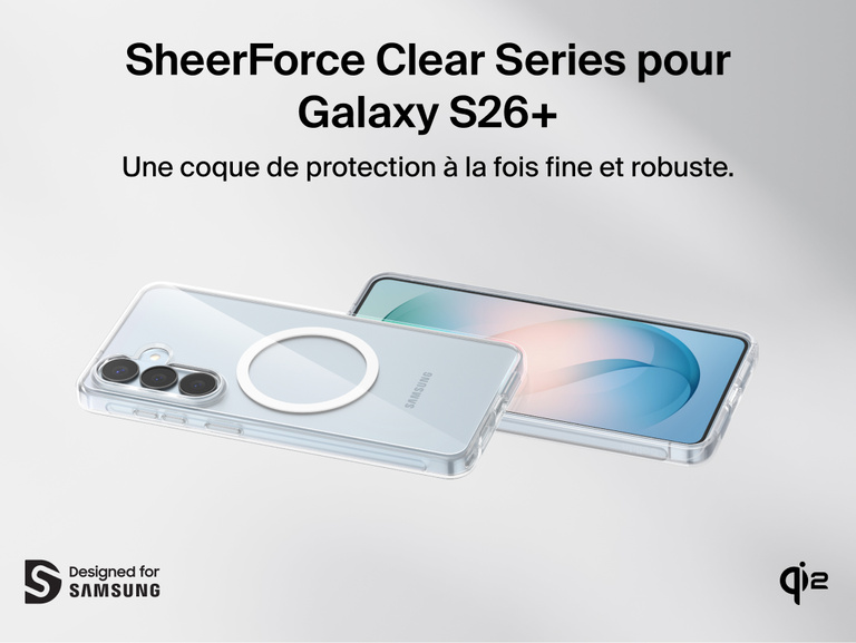 Belkin SheerForce Clear Series Case for Samsung Galaxy S26 shown on phone, featuring a slim, protective clear design with raised edges, precise cutouts, and Qi2 wireless charging compatibility.