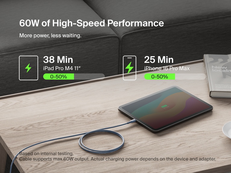 Belkin BoostCharge Pro USB-C to USB-C編組ケーブル60Wは、iPad Pro M4 11インチを38分、iPhone 16 Pro Maxを25分でそれぞれ50%まで急速充電します。