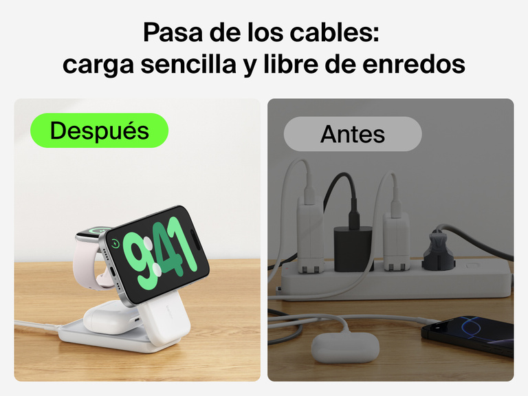 Se muestra el cargador magnético plegable 3 en 1 con Qi2 25W Belkin UltraCharge suministrando una carga sin enredos para múltiples dispositivos, a diferencia del equipamiento de carga por cable que aparece desordenado.