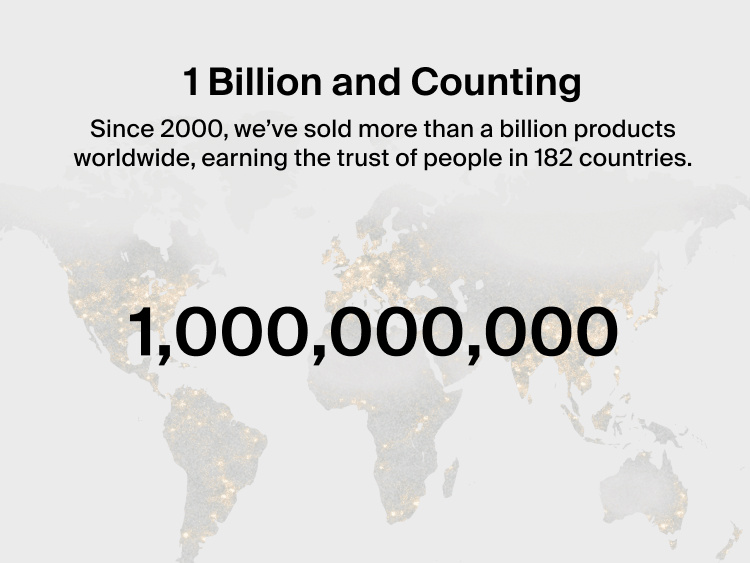 World map highlighting Belkin&rsquo;s milestone of more than 1 billion products sold worldwide since 2000 across 182 countries.