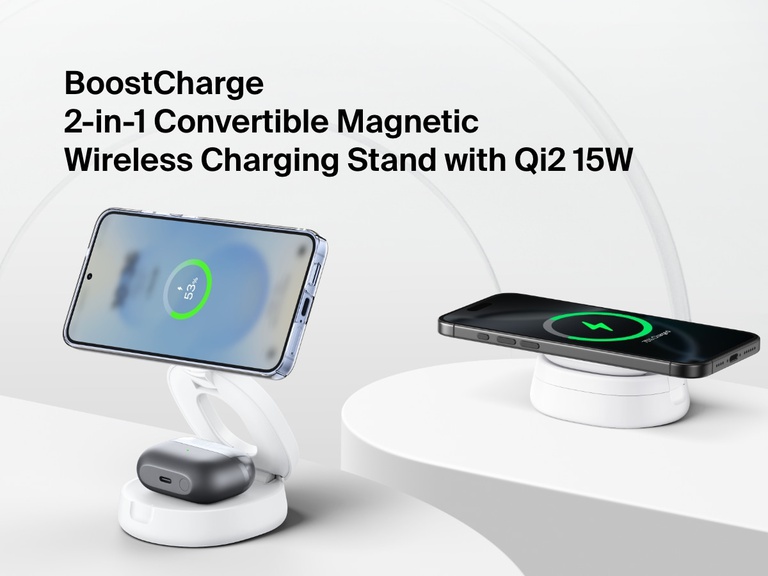 Belkin BoostCharge 2-in-1 Convertible Magnetic Charging Stand with Qi2 15W shown charging a smartphone and wireless earbuds in both upright and flat configurations.