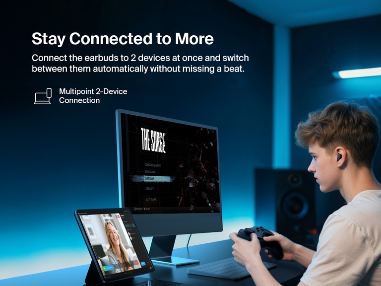 Belkin SoundForm Anywhere Wireless Earbuds with multipoint 2-device connection letting users switch seamlessly between gaming and video calls.
