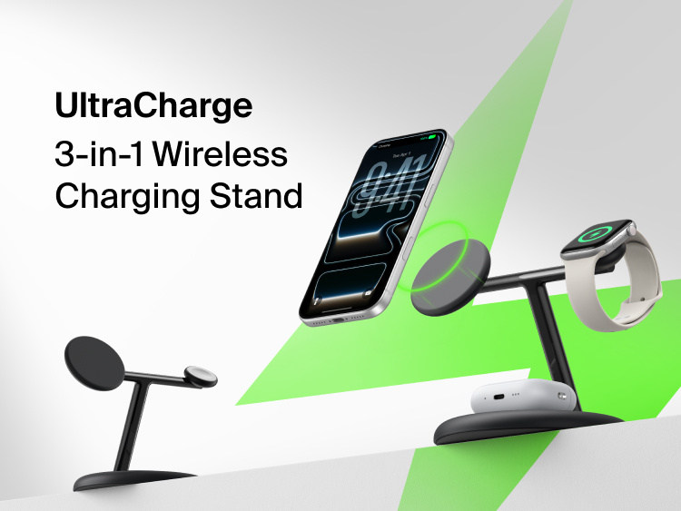 Belkin UltraCharge 3-in-1 Wireless Charging Stand with Qi2 25W front view showing dedicated magnetic phone pad, watch charger, and earbuds base