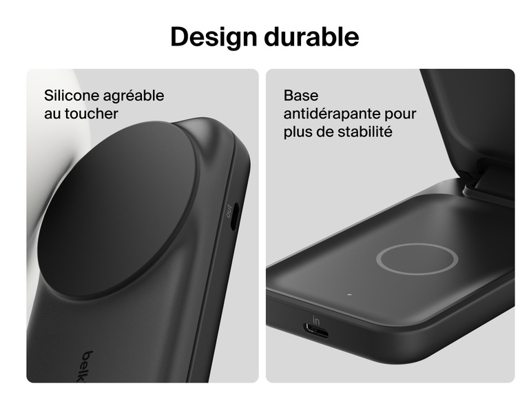 Socle de recharge 2-en-1 aimanté et pliable Belkin UltraCharge avec Qi2 25 W doté d'un revêtement en silicone doux au toucher et d'une base antidérapante pour une durabilité améliorée et une recharge sécurisée.