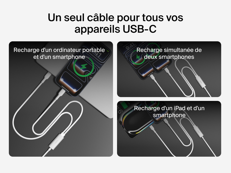Image du c&acirc;ble &agrave; gaine tress&eacute;e Belkin BoostCharge&nbsp;Pro USB-C vers double USB-C rechargeant un ordinateur portable et un t&eacute;l&eacute;phone, deux&nbsp;t&eacute;l&eacute;phones, ou une tablette et un t&eacute;l&eacute;phone, jusqu'&agrave; 140&nbsp;W.