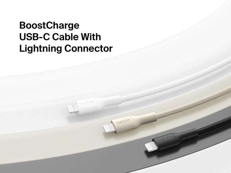 Belkin BoostCharge USB-C Cable with Lightning Connector shown in white, sand, and black, designed for fast charging and syncing Apple devices.