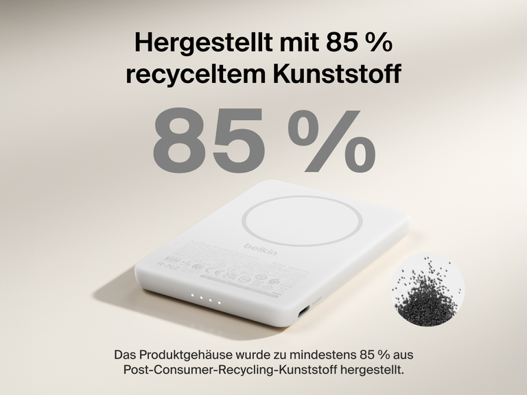 Belkin BoostCharge Slim Magnetic Power Bank 5K shown with text highlighting that its housing is made from 85% post-consumer recycled plastic for sustainable design.