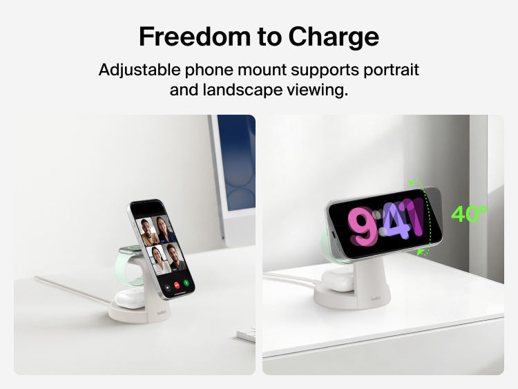 Belkin UltraCharge 3-in-1 Charging Stand with Qi2 25W features an adjustable phone mount for portrait and landscape viewing with up to 40-degree adjustment.