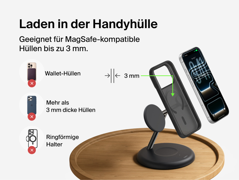 Belkin UltraCharge 3-in-1 Wireless Charging Stand with Qi2 25W demonstrating magnetic charging through MagSafe-compatible phone case up to 3mm thickness with compatibility guidelines shown
