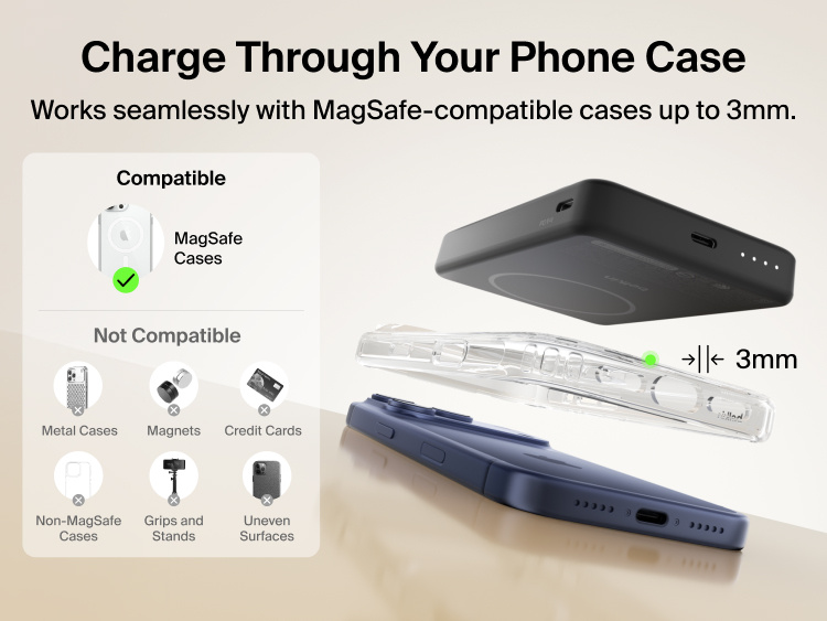 Slim Magnetic Power Bank 10K with Qi2 hovering above smartphone with case demonstrating compatibility and magnetic alignment