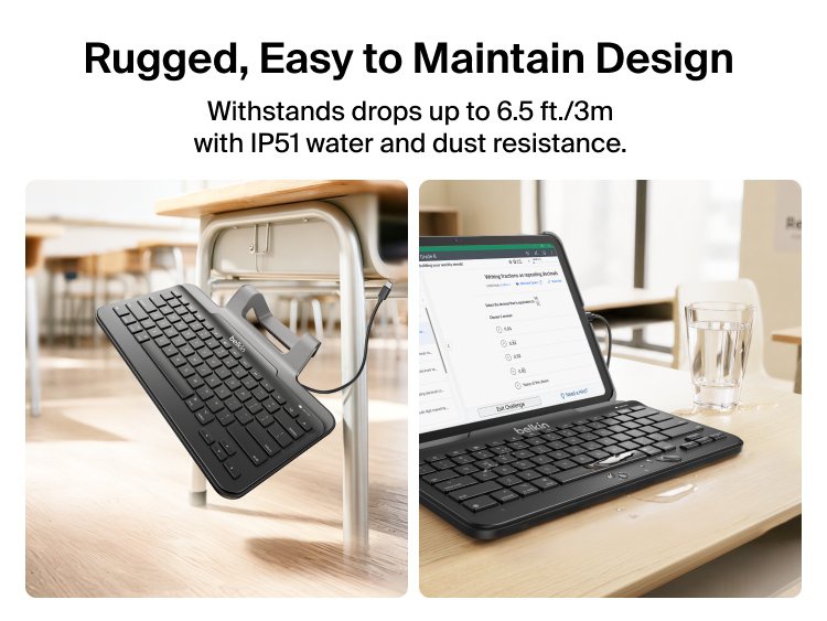 Connect USB-C Keyboard with Stand for iPad shown in two scenarios: dropped against a school chair leg, and in use on a desk with water spilled nearby, illustrating drop protection up to 6.5 ft and IP51 water and dust resistance