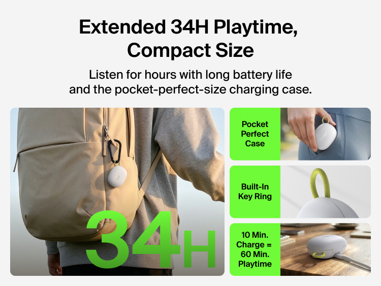 SoundForm Isolate Buds ANC charging case clipped to a backpack strap using its built-in key ring, next to close-up shots of the pocket-sized case and cable charging
