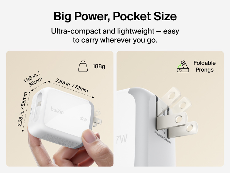 Belkin UltraCharge Retractable GaN Wall Charger 67W compact fast charger with built-in retractable USB-C cable, foldable prongs, and lightweight pocket-size design for travel and everyday charging.