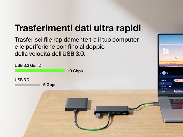 Immagine di un hub con 8 porte USB-C ed Ethernet da 2,5 Gb Connect di Belkin connesso ad un laptop e ad un disco fisso esterno, a evidenziare le prestazioni USB 3.2 Gen 2 con velocità di trasferimento dati ultra rapide fino a 10 Gbps.