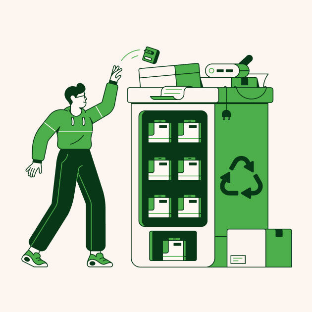 Illustration of person recycling electronic devices into a green recycling bin filled with batteries and tech items, symbolizing sustainable e-waste disposal.