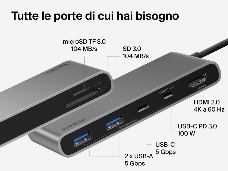 Belkin Connect 7-Port USB-C Hub with Dual USB-C Ports showing HDMI, USB-C PD, USB-A, SD, and microSD slots labeled with speeds and power output.