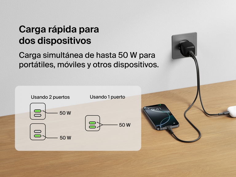 El cargador de pared doble USB-C GaN de 50 W Belkin BoostCharge Pro conectado a una toma de corriente de pared cargando un smartphone y unos auriculares inalámbricos a la vez, con un diagrama que muestra suministro de corriente rápido para uno o dos dispositivos.