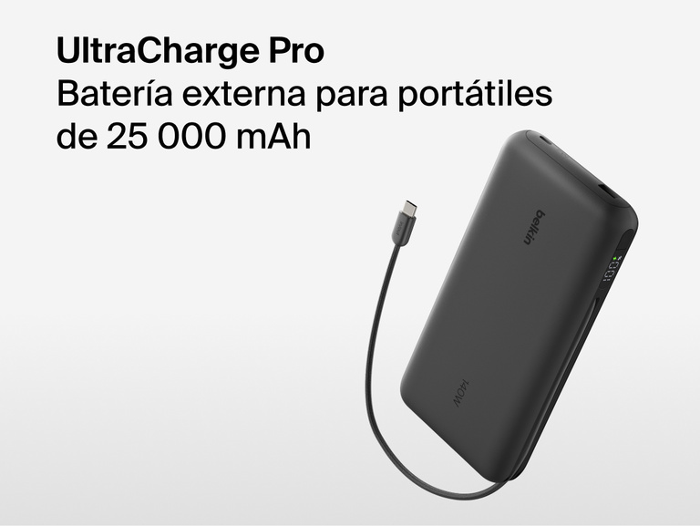 Belkin UltraCharge Pro Laptop Power Bank 25K with integrated cable and digital display, high-capacity portable charger for laptops and devices
