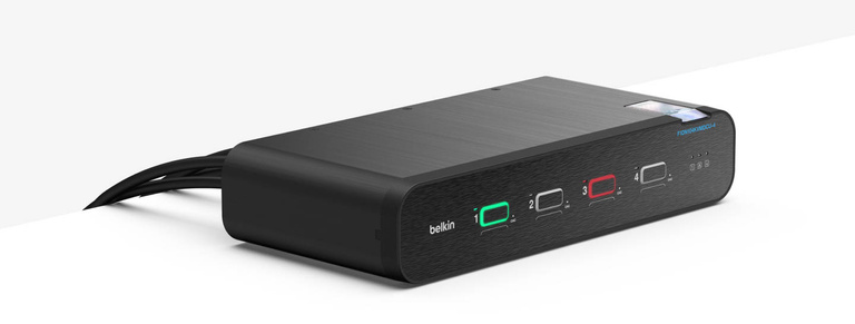 A sleek, black Belkin Universal DisplayPort Secure KVM 4-Port Single Head with CAC and USB-C device, featuring illuminated port indicators and labeled buttons for secure switching between two computers.