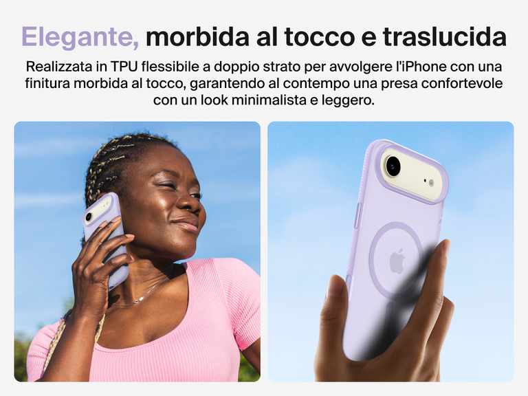 Belkin SheerForce Grip Series Case for iPhone 17 with slim translucent design and soft-touch finish for a comfortable grip.