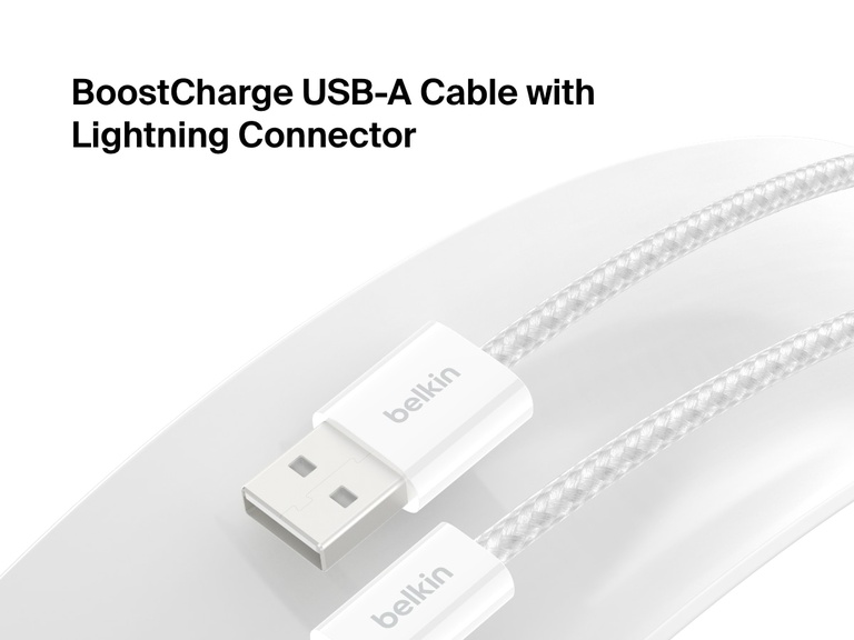Close-up image of the Belkin BoostCharge USB-A Cable with Lightning Connector, featuring a durable braided design for reliable charging and syncing with Lightning-compatible Apple devices.