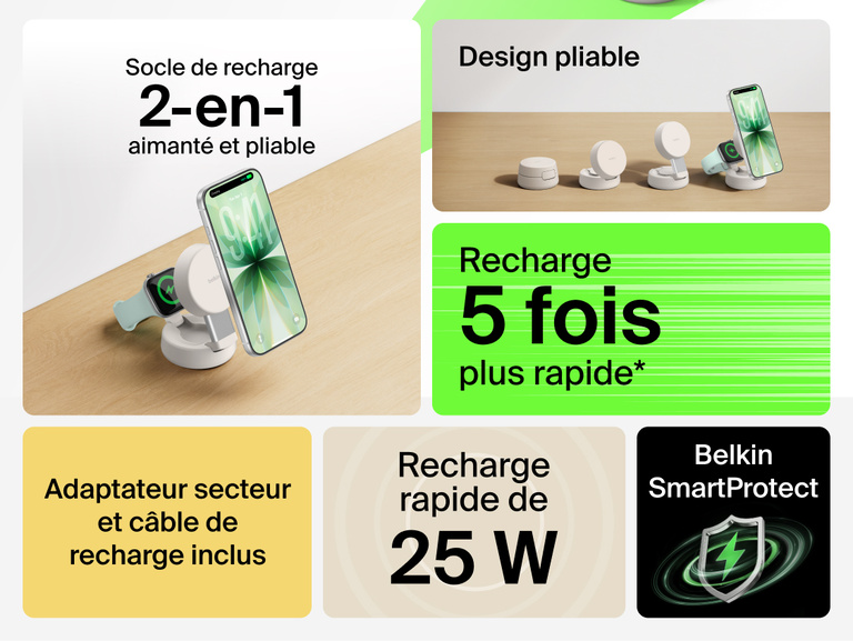 Image du socle de recharge 2-en-1 Belkin UltraCharge&nbsp;Pro aimant&eacute; et pliable avec Qi2 25&nbsp;W dot&eacute; d'un design polyvalent, de la fonction d'alignement magn&eacute;tique s&eacute;curis&eacute;, d'une recharge sans fil jusqu'&agrave; 5&nbsp;fois plus rapide et accompagn&eacute; d'un adaptateur secteur et d'un c&acirc;ble de recharge.