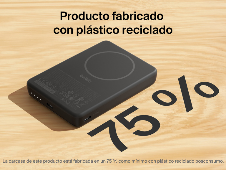 Belkin BoostCharge Slim Magnetic Power Bank 10K highlighting eco-friendly design made with 75% post-consumer recycled plastic and USB-C charging ports