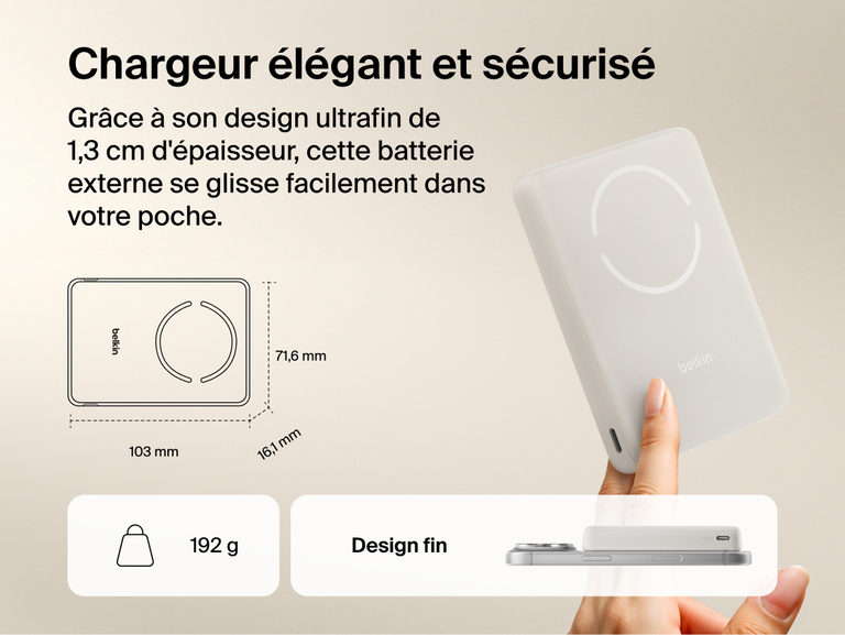 Belkin BoostCharge Slim Magnetic Power Bank 10K slim portable design with compact dimensions and lightweight build for easy pocket storage